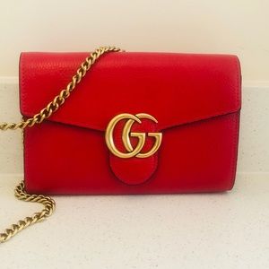 Gucci Crossbody Wallet Chained Purse Red Leather